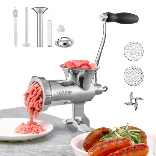 VEVOR manuelle Fleischwolf Hand Wurstfüller 304 Edelstahl, 4,5 & 8 mm Schneidplatten Handfleischwolf Fleischmaschine mit Wurstrohr, geeignet für Fleisch Schleifen Wurstfüllung Silber
