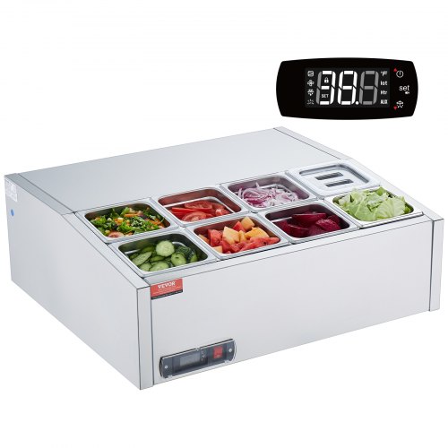 VEVOR Gekühlte Gewürzstation, 145 W, gekühlte Gewürzstation für die Arbeitsplatte, mit Pfannen, Korpus aus Edelstahl 304 und Deckel aus PC, Sandwich-Zubereitungstisch mit Schutz aus Edelstahl, CE