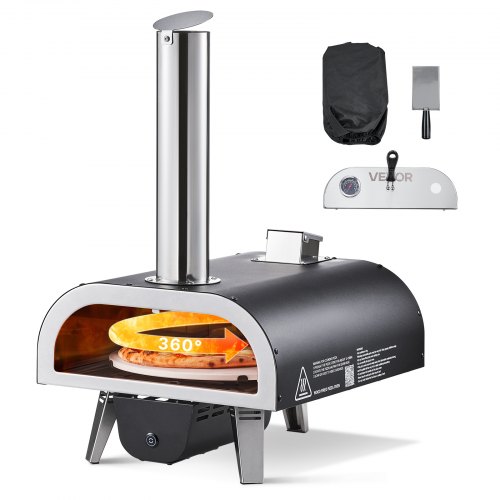 VEVOR Pizzaofen Outdoor 304,8 mm / 12 Zoll Holzofen, Pellet-Pizzaofen mit Thermometer & elektrischer Rotation, tragbarer Pizzamaker für Camping im Garten Terrasse Pizzastein Tragetasche Schaufel
