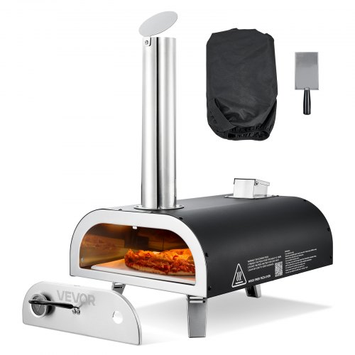 VEVOR Pizzaofen Outdoor 12 Zoll Pellet-Pizzaofen mit eingebautem Thermometer (max. 540 °C) & Schaufel & Tragtasche, tragbarer Pizzamaker für Garten Camping, Silber