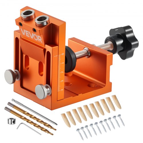 

VEVOR Pocket Hole Jig Set Taschenloch-Vorrichtungssatz 12-48 mm Vorrichtungs-Taschenlochsystem mit Stufenbohrer, Sechskantschlüssel, Bohrstoppring, Vierkant-Antriebsbit, Dübel und Schrauben