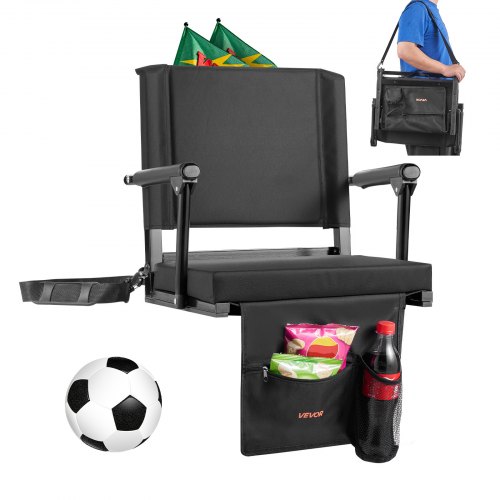 VEVOR Stadionsitz tragbarer Tribünenstuhl mit Rückenlehne & Armlehne, Tribünensitz mit Schultergurt & Getränkehalter & Haken, Stadionstuhl aus 600D Oxford-Gewebe (474,98 mm Gesamtbreite) Schwarz