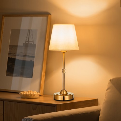 VEVOR kabellose Tischlampe Tischleuchte mit Stoffschirm & 5200 mAh eingebauter wiederaufladbarer Akku, Schreibtischlampe (16 x 16 x 40 cm), dimmbar (3-stufig), Tischleuchte für Schlafzimmer Gold
