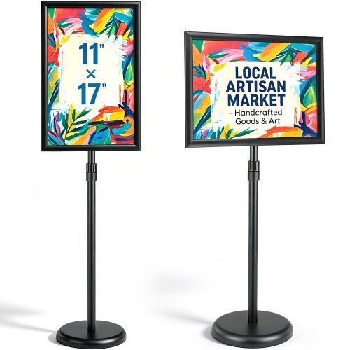 VEVOR Informationsständer 420 x 297 mm Vertikal & horizontal Verstellbarer Posterständer, Robuster Bodenstehender Schilderhalter mit Runder Basis für Displays, Werbung und den Außenbereich Schwarz