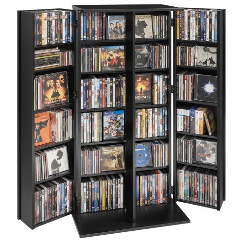 VEVOR DVD-Schrank mit 24 Fächern, Medienaufbewahrungsschrank Standschrank 610 x 368 x 1270 mm, Platzsparendes CD-Schrank für CDs DVDs Bücher Spiele-Discs, Wohnzimmer Homeoffice Aufnahmestudio, Schwarz