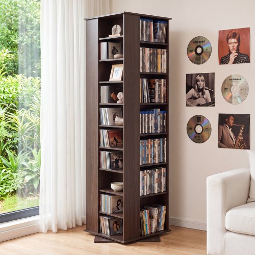 VEVOR Medienregal 475x475x1636 mm, CD-Turm, Drehbares Bücherregal mit 34 Fächern für CDs, DVDs, Bücher & Spiele-Discs, DVD-Ständer für Wohnzimmer, Homeoffice & Aufnahmeraum, Braun