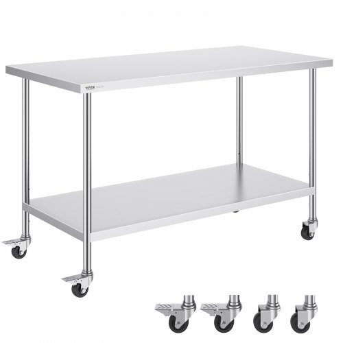 VEVOR Arbeitstisch aus Edelstahl, Zubereitungstisch mit 4 Rädern, 3 einstellbaren Höhenstufen, Arbeitstisch zur Lebensmittelzubereitung für gewerbliche Küchen und Restaurants 762 x 1524 x 954,6 mm