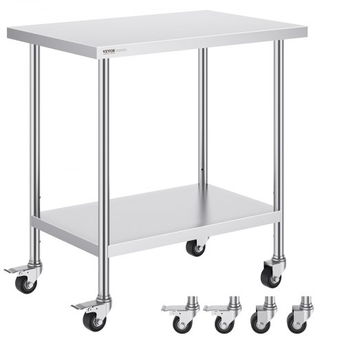 

VEVOR Arbeitstisch aus Edelstahl, 610 x 914 x 954,6 mm, Zubereitungstisch mit 4 Rädern, 3 einstellbaren Höhenstufen, Arbeitstisch zur Lebensmittelzubereitung für gewerbliche Küchen und Restaurants