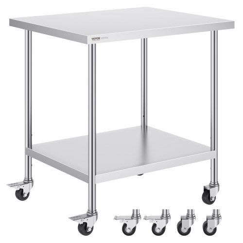 VEVOR Arbeitstisch aus Edelstahl, Küchentisch 762 x 914 x 954,6 mm, Zubereitungstisch, mit 4 Rädern, 3 einstellbaren Höhenstufen, Arbeitstisch zur Lebensmittelzubereitung für gewerbliche Restaurants