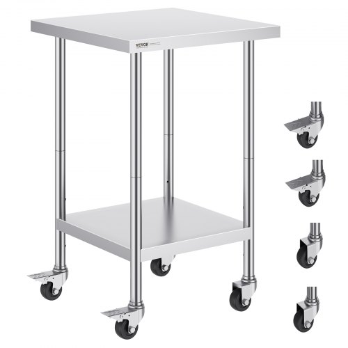 

VEVOR Arbeitstisch aus Edelstahl, 61 x 61 x 96,5 cm, Zubereitungstisch Gastro mit 4 Rädern, 3 einstellbaren Höhenstufen, Arbeitstisch zur Lebensmittelzubereitung für gewerbliche Küchen und Restaurant