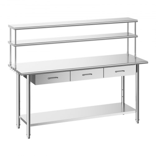 VEVOR Gastronomie Arbeitstisch 1829 x 610 x 1400 mm, Edelstahltisch mit Grundboden & 3 Schubladen & Doppelaufsatzbord, Gewerblicher Vorbereitungstisch Werkbank für Restaurant Garage Küchentisch