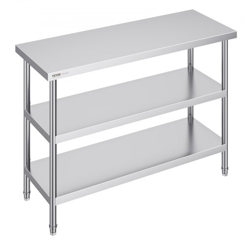 VEVOR Lebensmittel-Zubereitungstisch aus Edelstahl, Gewerblicher Küchenarbeitstisch, mit 2 verstellbaren Unterregalen, 457 x 1219 x 864 mm Zubereitungstisch für Grill, Küche, Zuhause