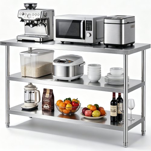 VEVOR Lebensmittel-Zubereitungstisch aus Edelstahl, Gewerblicher Küchenarbeitstisch, mit 2 verstellbaren Unterregalen, 457 x 1219 x 864 mm Zubereitungstisch für Grill, Küche, Zuhause