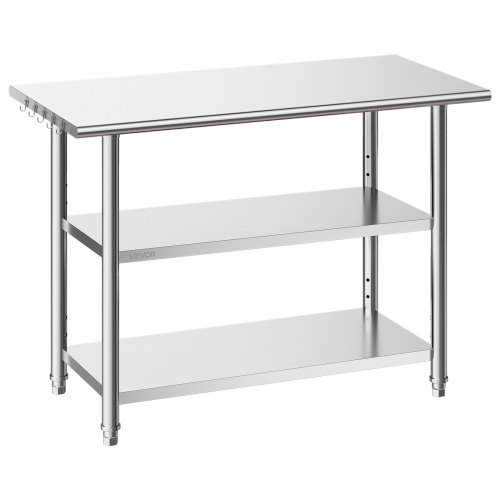 VEVOR Gastronomie Arbeitstisch 1219 x 610 x 864 mm, Edelstahltisch mit 3 Ebenen & Höhenverstellbaren Ablagen Belastbarkeit Top 245 kg & 2 Unterablagen je 204 kg Vorbereitungstisch für Restaurant