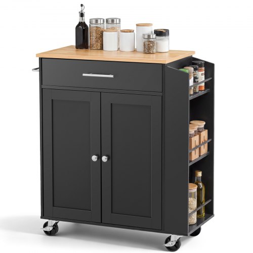 VEVOR Kücheninselwagen mit 1 Schublade & 2 Türen Schwarz Mobile Kücheninsel, Küchenwagen mit Gewürzhalter, Handtuchhalter, Tischplatte (640 x 380 x 15 mm) & Verstellbaren Regalböden fürs Esszimmer