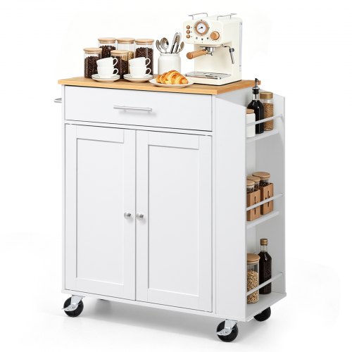 VEVOR Kücheninselwagen mit 1 Schublade und 2 Türen Weiß Mobile Kücheninsel, Küchenwagen mit Gewürzhalter, Handtuchhalter und Tischplatte (640 x 380 x 15 mm) fürs Esszimmer, Servierwagen