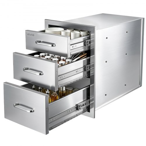 VEVOR Outdoor Küchenschubladen 368x521x571 mm BxHxT 3 Schubladen Edelstahl Ideal für Grillinseln, Terrassenbars und Grillstationen, mit Griff, Integrierte Schubladen zur Organisation von Kochgeschirr