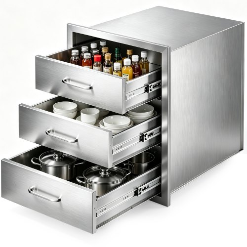VEVOR Outdoor Küchenschubladen 46 x 59 x 59 cm (B x T x H), Grillschubladen mit 3 Schubladen & Griffen aus Edelstahl, Grillschubladen für Außenküche & Grillinsel-Terrassengrillstation
