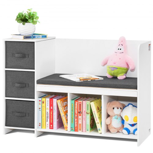 

VEVOR Lesebank für Kinder, Bücherregal und Bücherschrank für Kleinkinder mit abnehmbarem Sitzkissen, Aufbewahrungsbank mit 6 Fächern und 3 Schubladen, ideal für Spielzimmer Schlafzimmer Wohnzimmer