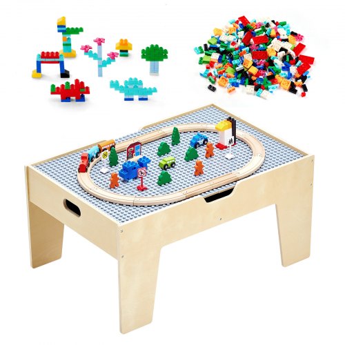 VEVOR Aktivitätstisch, 290 Bausteine und 30-teiliges Holzeisenbahn-Set, Eisenbahn, Fahrzeuge, Gleise und Zubehör, Holz-Spieltisch für Kinder mit Ablagefläche für Kinder ab 3 Jahren
