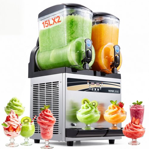 VEVOR kommerzieller Frozen Drink Maker, 15 L x 2 Slush-Maschine mit zwei Tanks, 120 Tassen Margarita-Smoothie-Maschine aus Edelstahl, Slush-Maker für Zuhause Partys Restaurants Cafés Bars
