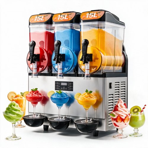 VEVOR Gewerbliche Slush Eis Maschine 45 L Slushie-Maker mit 3 Tanks, Crushed Ice-Maschine aus Edelstahl für 180 Tassen Margarita und Smoothies, Eis-Slush-Maschine für Zuhause Gastronomie Cafés Bars