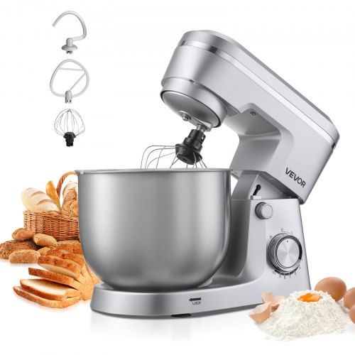 VEVOR Knetmaschine Küchenmaschine zum Backen, 1500 W Teigmaschine mit Edelstahlschüssel (5,7 L) & Knethaken & Rührbesen & Schneebesen, 10-Gang einstellbare kippbare Rührmaschine Standmixer