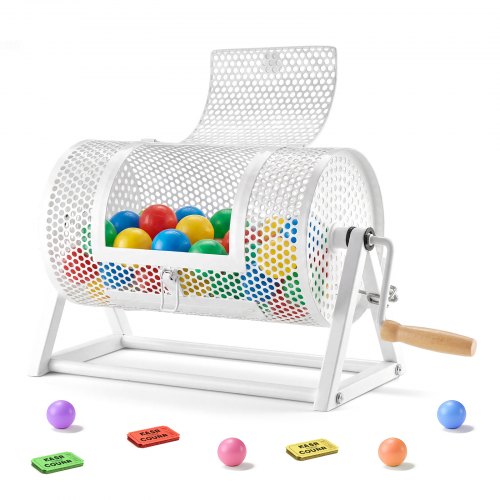 VEVOR Tombola Trommel, 295xØ167mm, Lostrommel mit Fassungsvermögen von 2500 Lose oder 100 Lotteriebälle, Gewinnspieltrommel mit Kurbel & Dreiecksständer, für Veranstaltungen & Feiern, Weiß