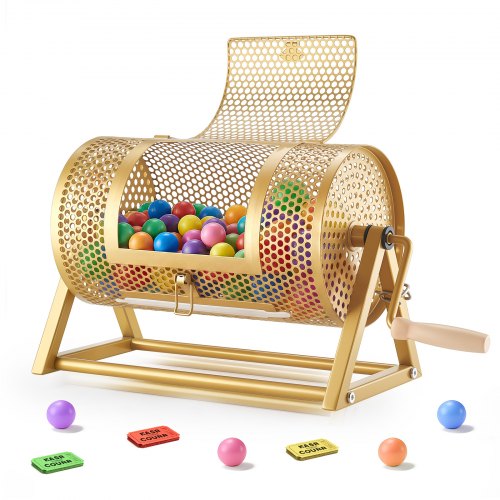 VEVOR Tombola Trommel, 295xØ167mm, Lostrommel mit Fassungsvermögen von 2500 Lose oder 100 Lotteriebälle, Gewinnspieltrommel mit Kurbel & Dreiecksständer, für Veranstaltungen & Feiern, Gold