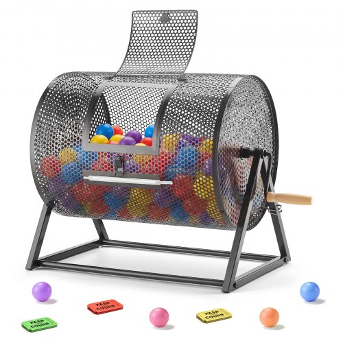 VEVOR Tombola Trommel, 410xØ302 mm, Lostrommel mit Fassungsvermögen von 5000 Lose oder 200 Lotteriebälle, Gewinnspieltrommel mit Kurbel & Dreiecksständer, für Veranstaltungen & Feiern, Schwarz