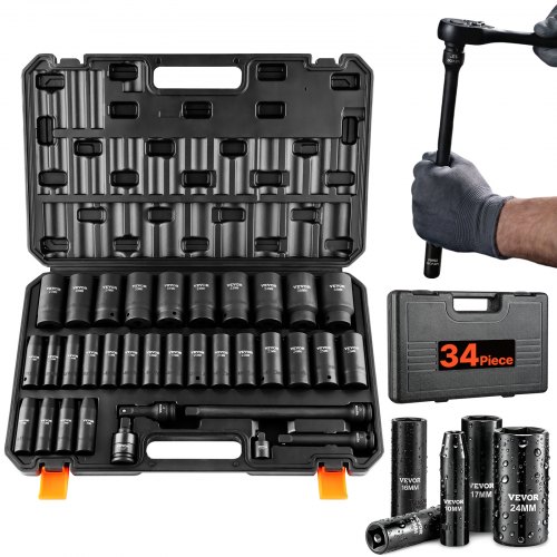 VEVOR Schlagschrauber-Set, 34-teilig, 6-Punkt-12,7-cm-Antrieb, Bit-Ratschen-Werkzeugset-Koffer
