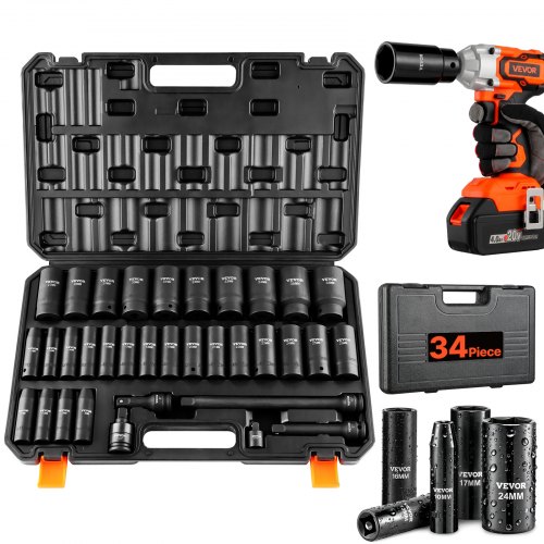 VEVOR Schlagschrauber-Set, 34-teilig, 6-Punkt-12,7-cm-Antrieb, Bit-Ratschen-Werkzeugset-Koffer