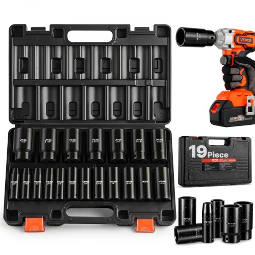 VEVOR Schlagschrauber Nüsse Set, 1/2 Zoll 19-tlg., Tiefbett-Steckschlüssel, Secksant-Steckschlüssel, 1/2 Zoll-Antrieb, 3/8 bis 1-1/2 Zoll, Cr-V-Konstruktion, mit Koffer, für Fahrzeuge