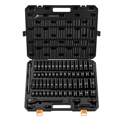 VEVOR Schlagschrauber Nüsse Set 1/2 Zoll Schlagnuss-Set 65-tlg., Sechsant-Steckschlüssel SAE 3/8 bis 1-1/4 Zoll & Metrisch 10-24 mm Koffer Chrom-Vanadium-Legierungsstahl für Fahrzeugreparaturen
