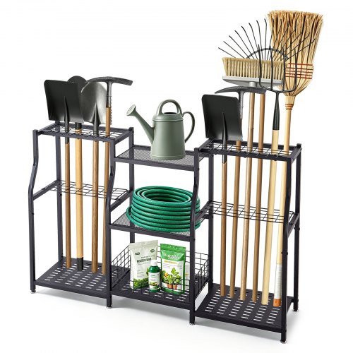 VEVOR Gartengeräte Ständer 1235x290x795mm 3-Stöckiger Gerätehalter Schwarz, Aufbewahrungsregal für Garage Schuppen Garten, Organizer aus Stahl für Besen Mopp Rechen, mit Ablagefächern & Nivellierfüßen