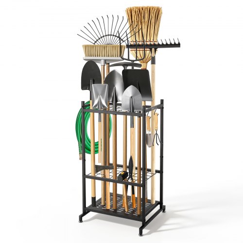 VEVOR Gartengeräte Ständer 440x405x760mm Gerätehalter aus Metall Schwarz, Aufbewahrungsregal für Garage Schuppen Garten, Organizer für Besen Mopp, mit Doppelschichtschlitzen 4 Haken & Nivellierfüßen