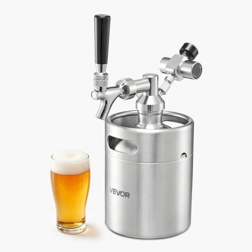 VEVOR Mini-Bierzapfanlage mit CO₂-Regler 1,94 L Edelstahl-Bierfass Zapfsystem, mit Selbstschließendem Zapfhahn, CO₂-Drucksystem zum Frischhalten, für Hausgebrautes Bier, Craft Beer, Fassbier und Party