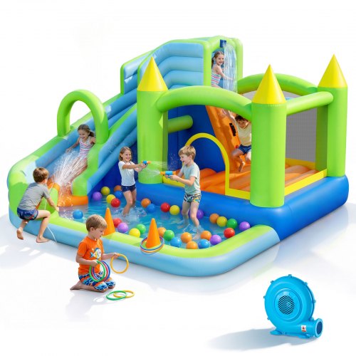 VEVOR Aufblasbare Wasserhüpfburg (344 x 374 x 213 cm), Hüpfburg mit Wasserrutsche & Hüpfburgelementen & Basketballkorb & Planschbecken & Wasserringwurfspiel, für 3-4 Kinder (3 bis 8 Jahre Alt)