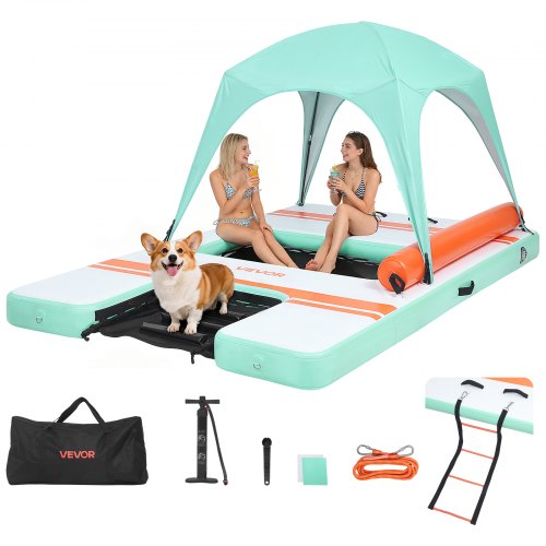 VEVOR Aufblasbares Schwimmdock, 3,05x1,83 m, Schwimmplattform mit Rutschfester Oberfläche, Tragetasche, Sonnendach & Abnehmbarer Leiter, Schwimmende Insel, Wasserplattform für Pool, Strand & Meer