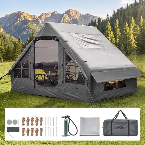 VEVOR Aufblasbares Zelt Campingzelt Luftzelt 2-4 Personen mit Pumpe Grau, für Outdoor-Aktivitäten Wasserabweisendes 420D Oxford-Gewebe Dachfenster Ofenrohrdurchführung Netzfenster & Tragetasche