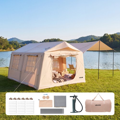 VEVOR Aufblasbares Zelt Luftzelt 5-8 Personen mit Pumpe & Sonnendach Beige, für Outdoor-Aktivität Wasserabweisendes 420D Oxford-Gewebe mit Dachfenster Ofenrohrdurchführung & Netzfenster Windstabil