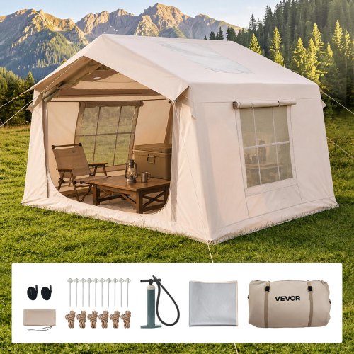 VEVOR Aufblasbares Zelt Glamping Luftzelt 3-5 Personen mit Pumpe Beige, für Outdoor-Aktivität Wasserabweisendes 420D Oxford-Gewebe Dachfenster Ofenrohrdurchführung Netzfenster & Tragetasche