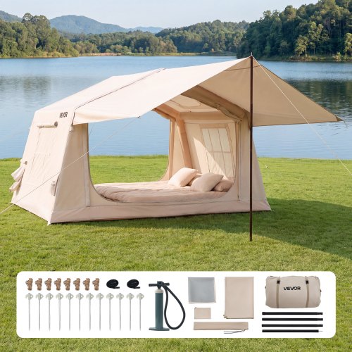 VEVOR Aufblasbares Zelt Luftzelt 3-5 Personen mit Pumpe & Sonnendach Beige, für Outdoor-Aktivität Wasserabweisendes 420D Oxford-Gewebe mit Dachfenster Ofenrohrdurchführung & Netzfenster Windstabil