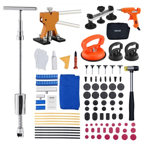 VEVOR Dellenzieher Set (100 Stk.) zur lackfreien Dellenentfernung mit goldenem Heber, Brückenzieher, Gleithammer, T-Stange, Klebepistole, Beulen Reparaturset Dellen Reparaturset Ausbeulreparatur