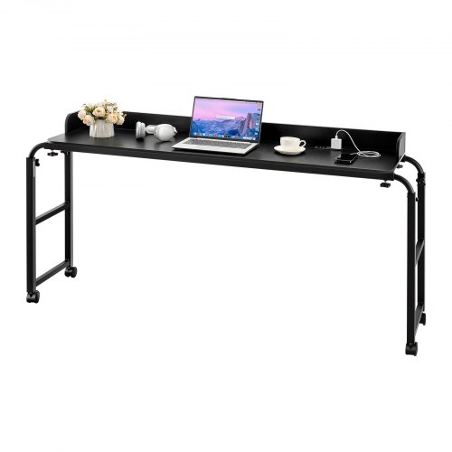 VEVOR Überbetttisch mobiler Betttisch mit 4 Rollen (2 mit Bremsen) und Steckdose, höhenverstellbarer Laptop-Rolltisch, Tragbarer Spanplatten-Überbetttisch für Zuhause Büro, Arbeitszimmer, Schwarz