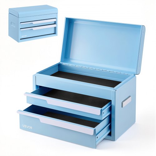 VEVOR Werkzeugkasten mit 2 Schubladen Tragbarer Stahl-Werkzeugkoffer Blau, Stapelbare Werkzeugbox für Werkstatt Garage Büro & Zuhause, 280x150x180mm, mit Oberem Ablagefach, Schutzeinlagen & Magneten