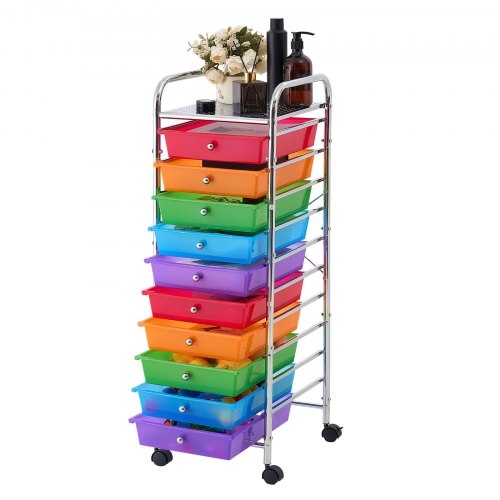 VEVOR Rollwagen mit 10 Schubladen Mobiler Rollcontainer 395x335x990mm Bunt, Metallgestell, Ablagefläche, Handgriffe, Lenkrolle mit 2 Bremsen, Aufbewahrungswagen für Büro Werkstatt Bastelzimmer Garage