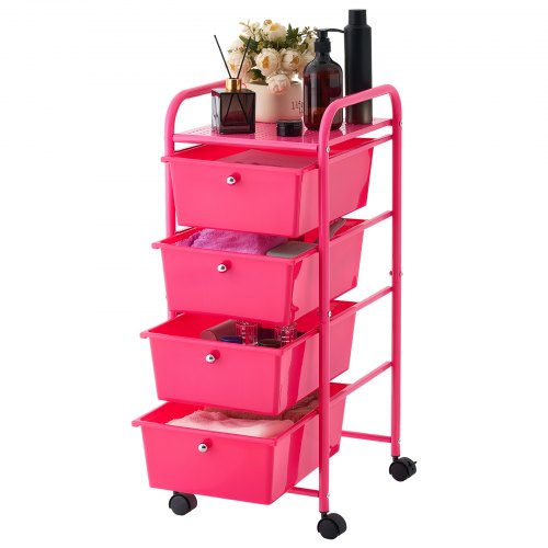 VEVOR Rollwagen mit 4 Schubladen Schubladenwagen 330x390x815mm Rosenrot, Metallgestell, Ablagefläche, Handgriffe, Lenkrolle mit 2 Bremsen, Mobiler Aufbewahrungswagen für Büro Werkstatt Klassenzimmer