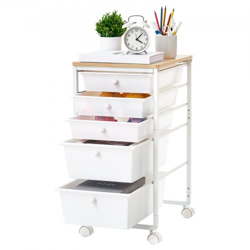 VEVOR Rollwagen mit 5 Schubladen Mobiler Rollcontainer 400x330x635mm Weiß, Metallgestell, Holztischplatte, Handgriffe, Lenkrolle mit 2 Bremsen, Aufbewahrungswagen für Büro Bastelzimmer Schlafzimmer