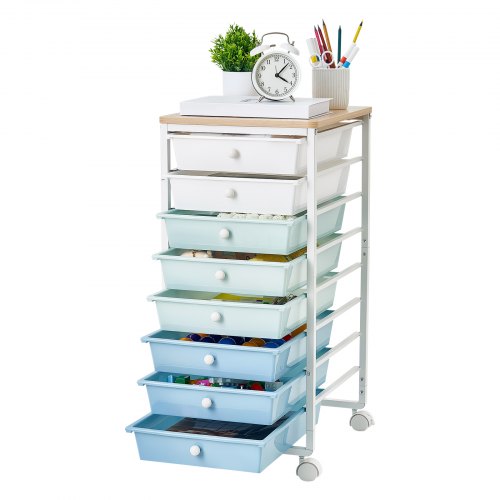 VEVOR Rollwagen mit 8 Schubladen Rollcontainer 400x330x715mm Grün Blau Weiß, Metallgestell, Holztischplatte, Handgriffe, Lenkrolle mit 2 Bremsen, Mobiler Schubladenwagen für Büro Werkstatt Klassenzimmer